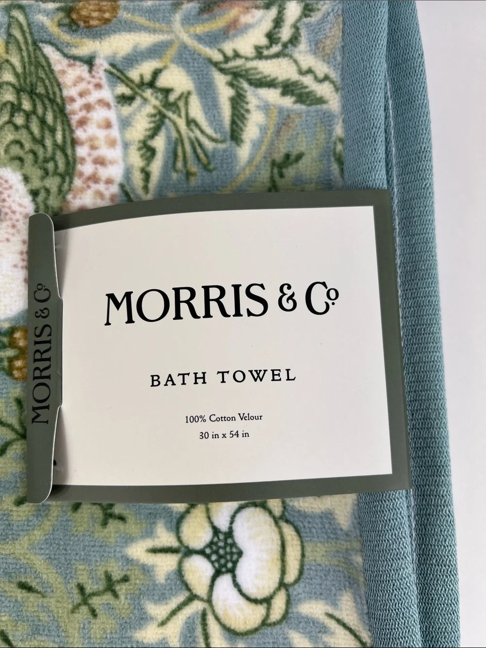 William Morris Co Bath Towels Strawberry Thief Green Velour 2 Pc Set NEW